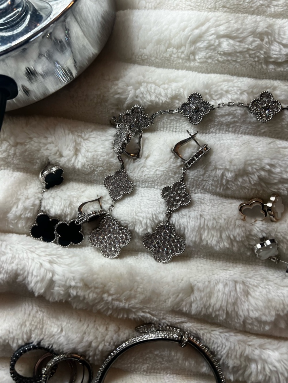 Silver Clover Dangle Earrings with Necklace Set, black ones in included